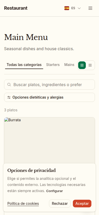 menu customer mobile website preview